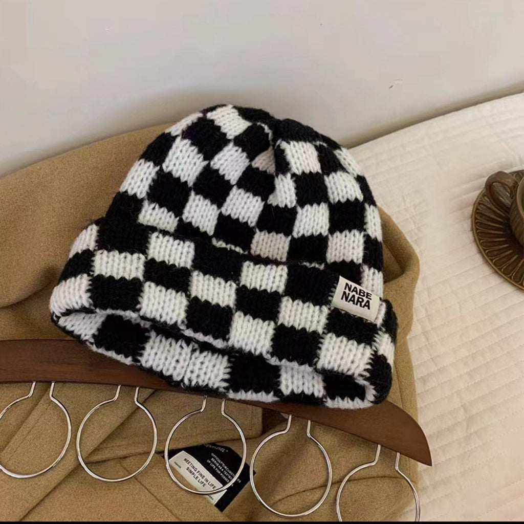 Chessboard Plaid Knitted Hat Women's Autumn And Winter Korean Style