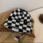 Chessboard Plaid Knitted Hat Women's Autumn And Winter Korean Style