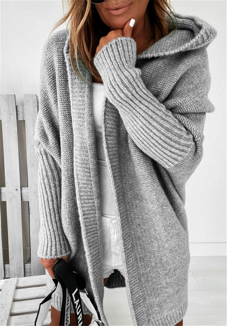 Ins Knitted Hooded Cardigan Fashion Loose Solid Color Batwing Sleeve Sweater Autumn And Winter Women's Clothing