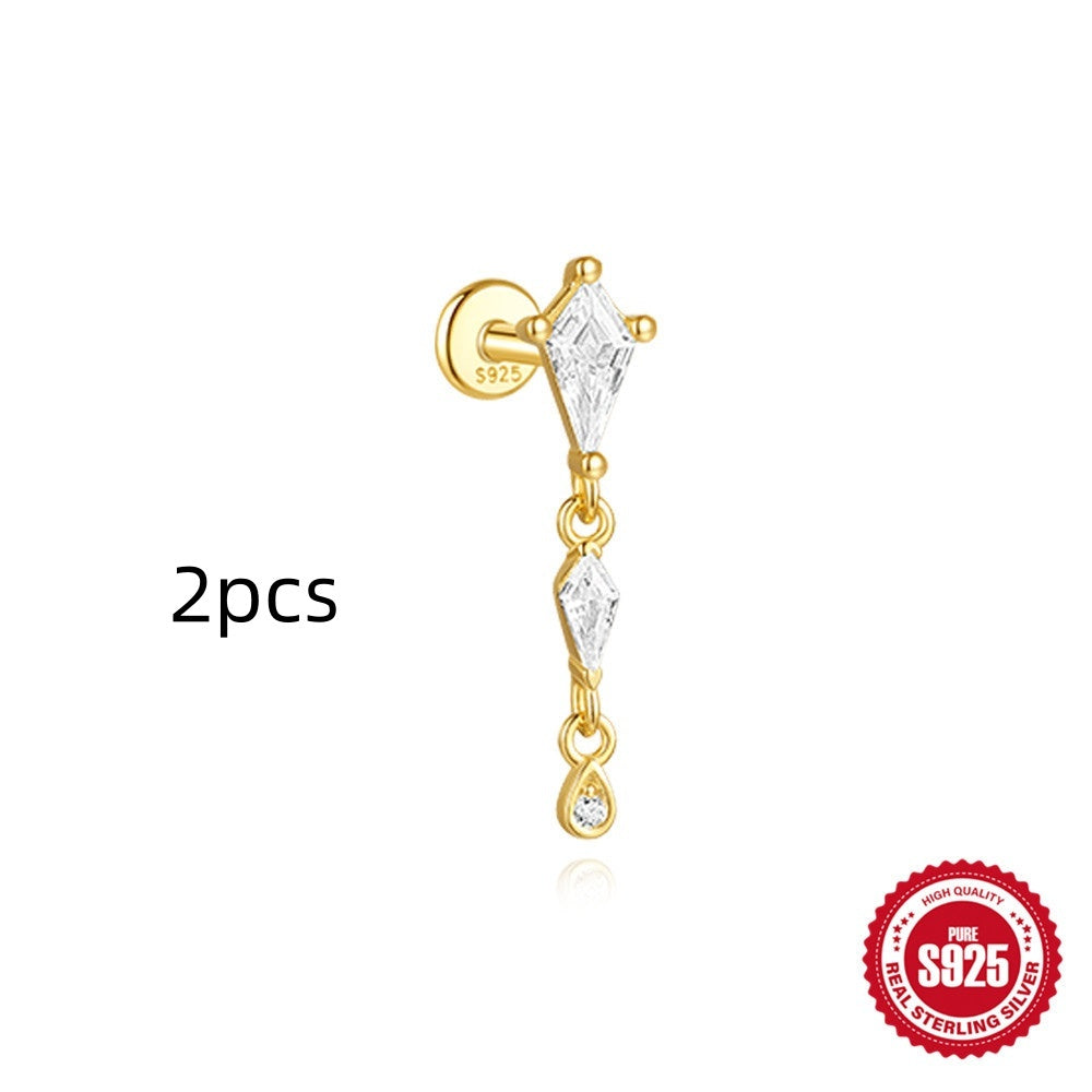 S925 Sterling Silver Geometric Kite Rhinestone-encrusted Chain Tassel Flat Head