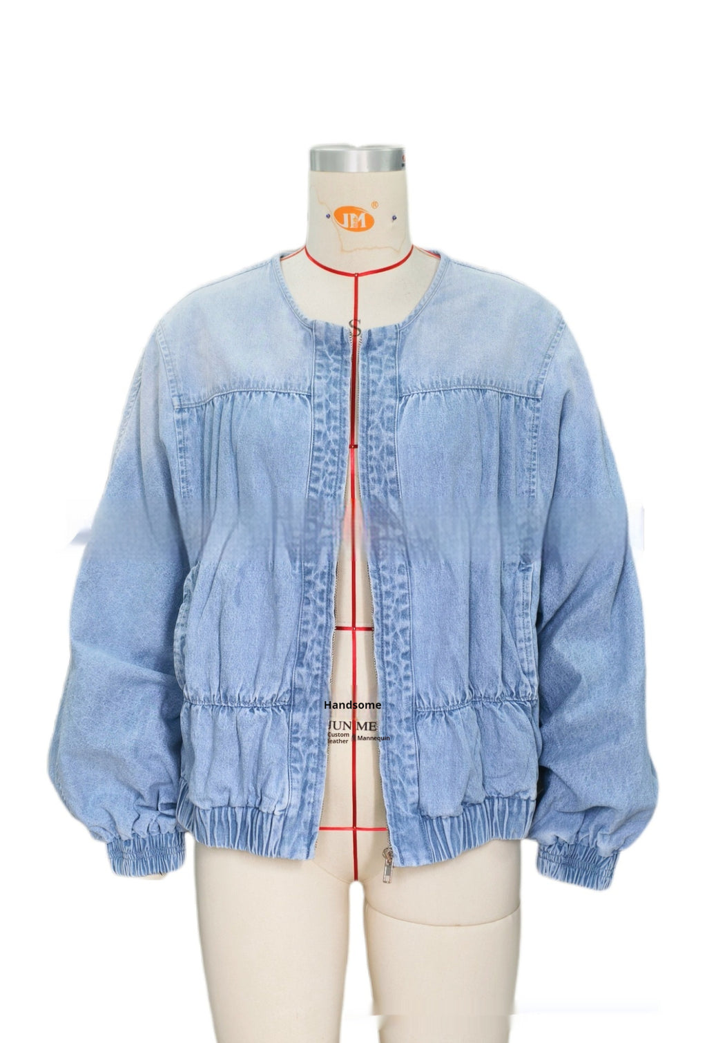 Washed Loose Round Neck Zipper Light Blue European And American Denim Jacket