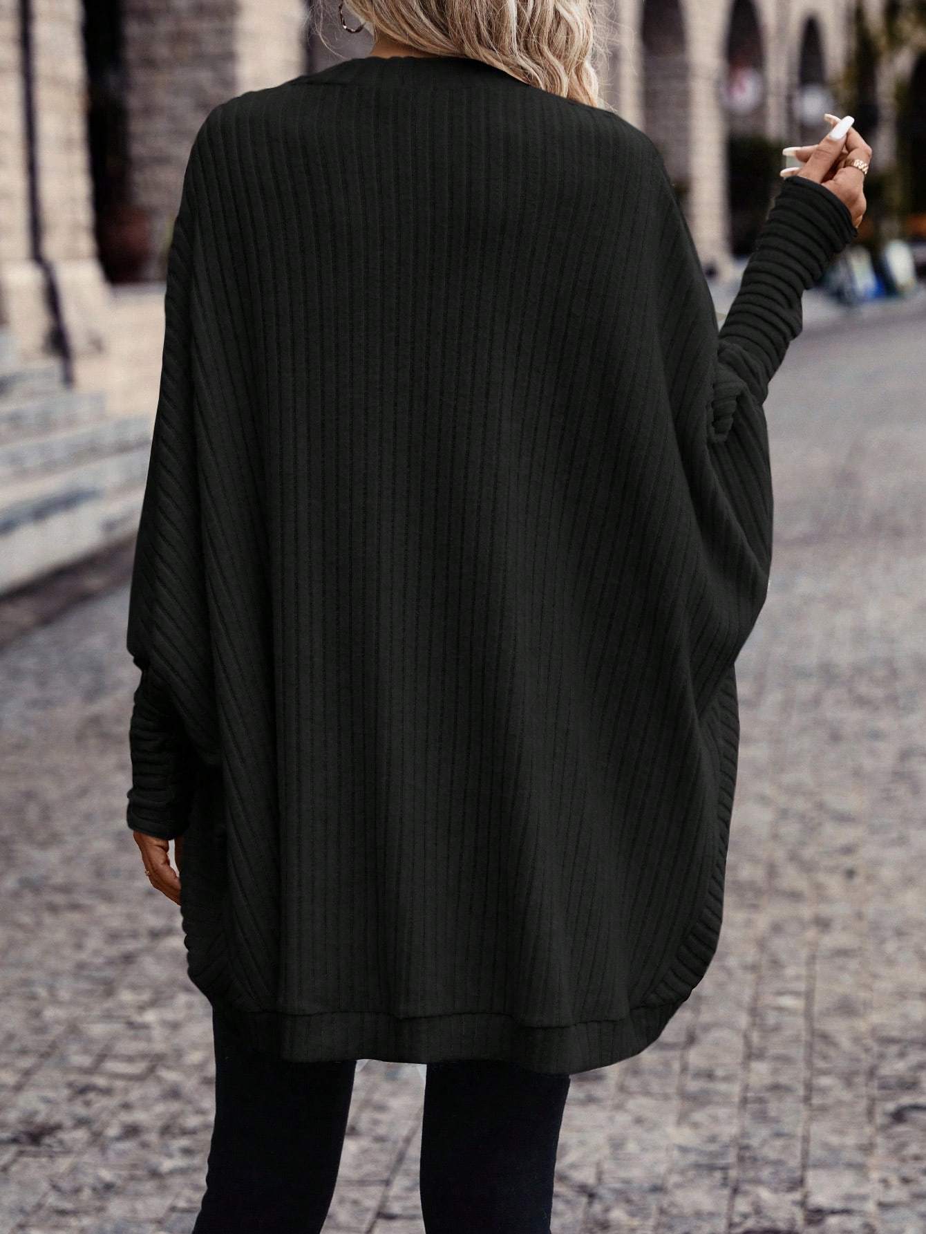 Women Solid Color Batwing Sleeve Open Front Casual Jacket