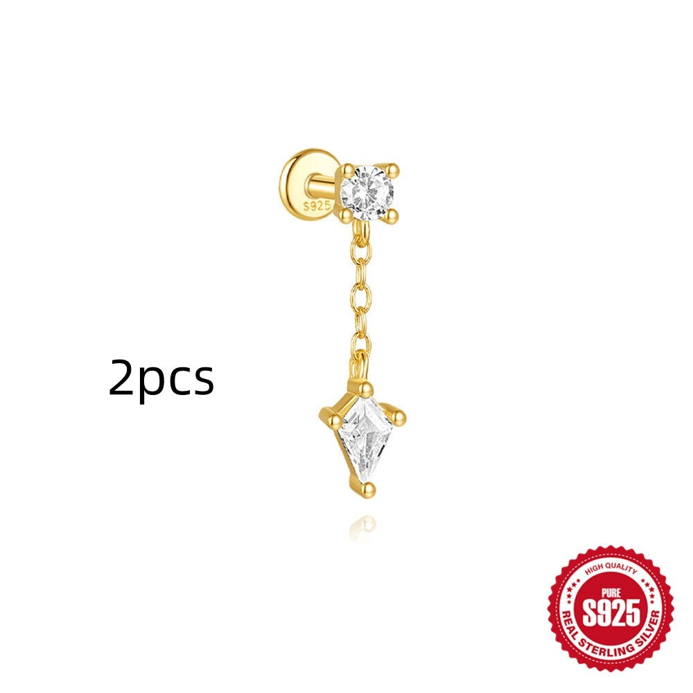 S925 Sterling Silver Geometric Kite Rhinestone-encrusted Chain Tassel Flat Head