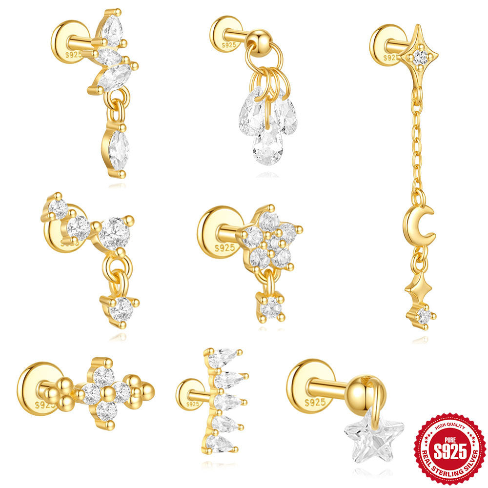 S925 Sterling Silver Moon Diamond Embedded Star Ear Rings