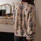 Women's Elegant Printed Blouse - Flowy Boho Shirt With Lantern Sleeves & Lace Trim, Vintage Ethnic Style Loose Top For Spring&Fall