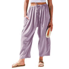 Elastic Pleated High Waist Cotton Linen Wide Leg Pants