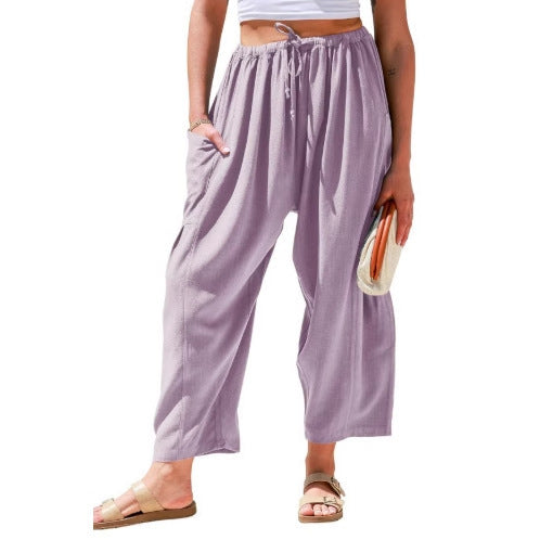 Elastic Pleated High Waist Cotton Linen Wide Leg Pants