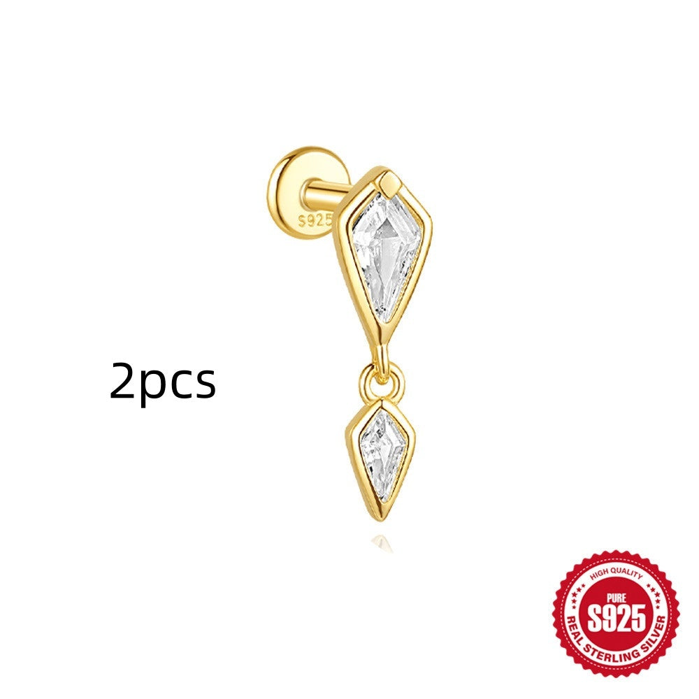 S925 Sterling Silver Geometric Kite Rhinestone-encrusted Chain Tassel Flat Head