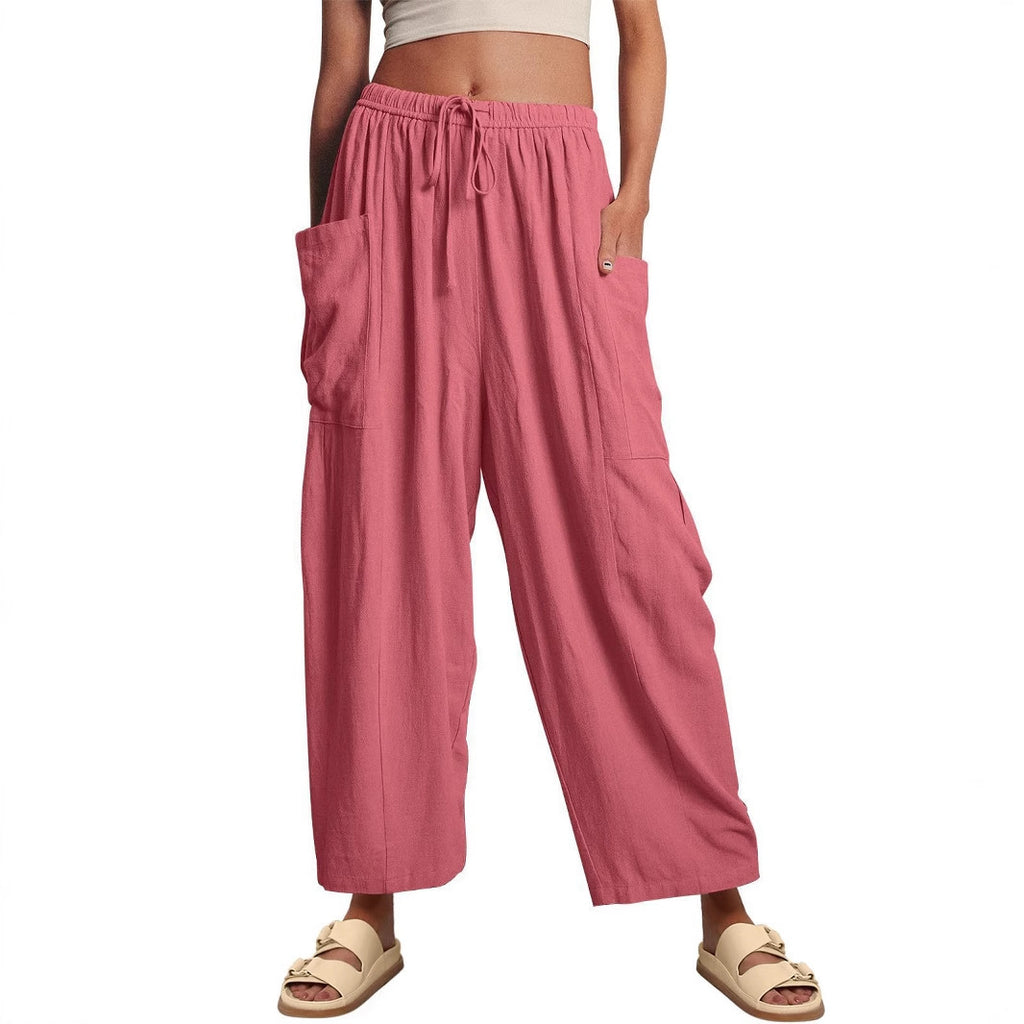 Elastic Pleated High Waist Cotton Linen Wide Leg Pants