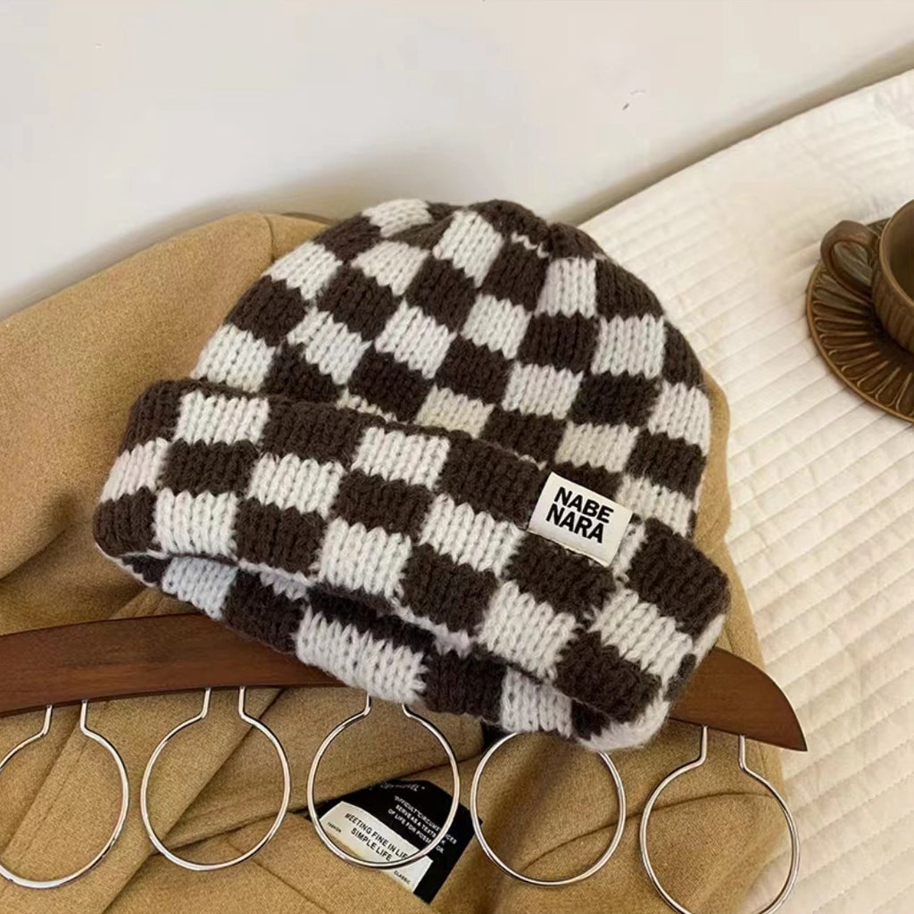 Chessboard Plaid Knitted Hat Women's Autumn And Winter Korean Style