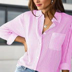 Women's Elegant Striped Long Sleeve Shirt - Pointed Lapel Collar With Chest Pocket, Button-Up Casual Blouse For Spring&Fall