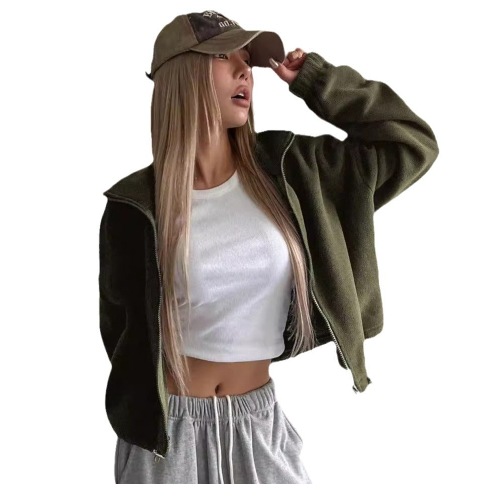 Short Autumn And Winter Stand-up Collar Thick Lamb Wool Drawstring Coat Women