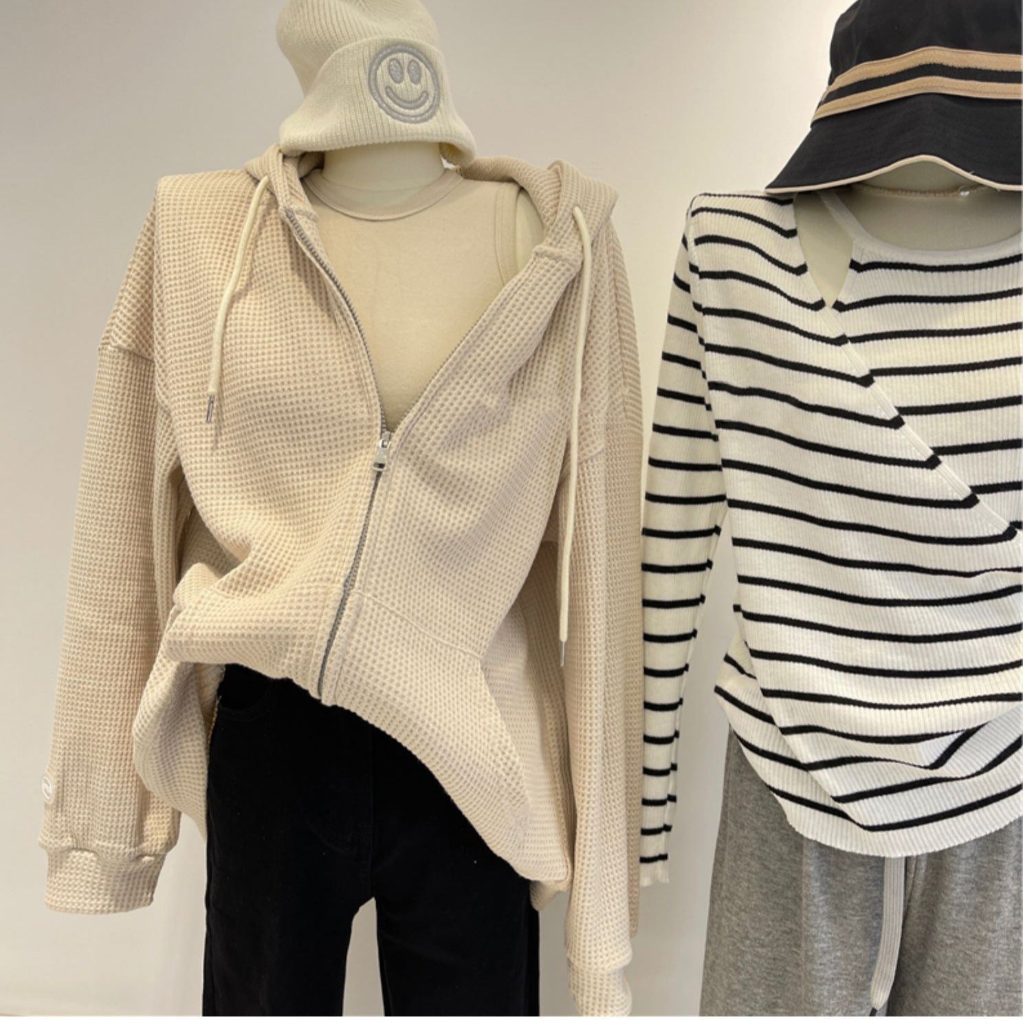 Waffle Hooded Women's Loose Slimming Zipper Cardigan